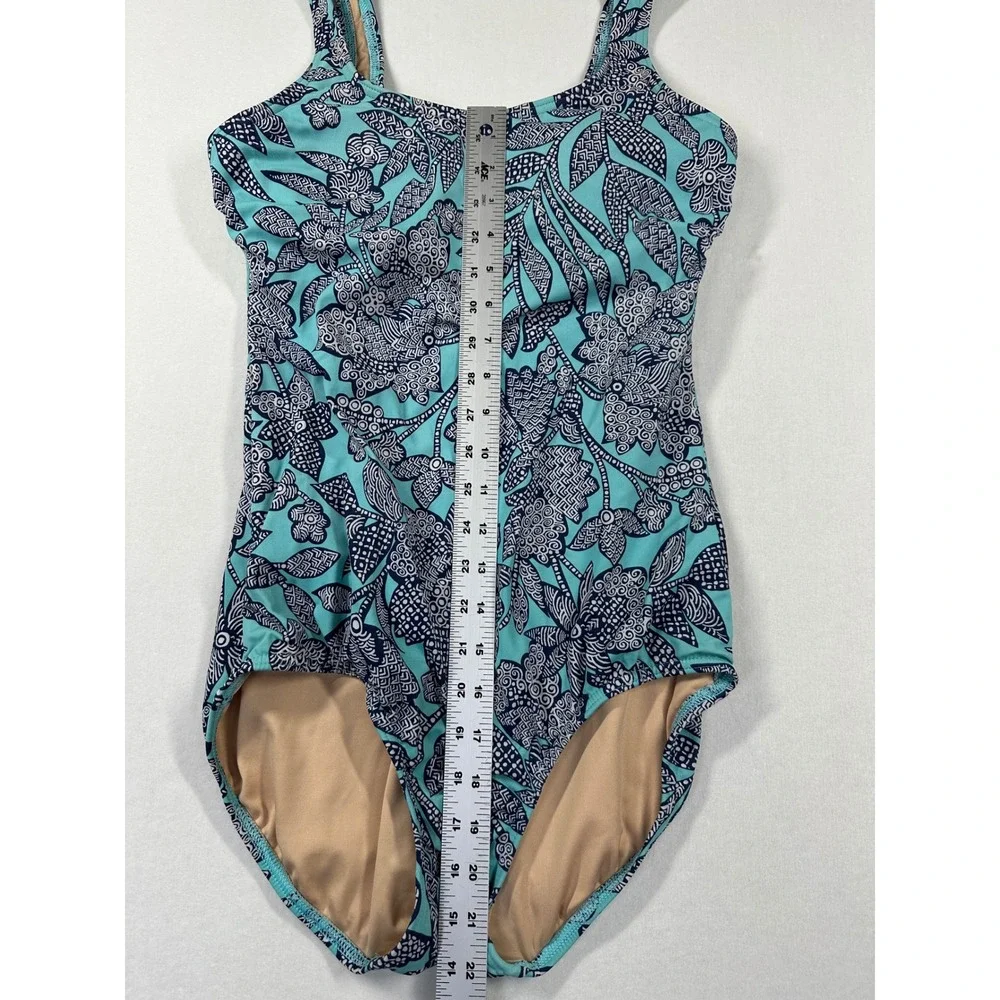 Lands' End One-Piece Swimsuit 8L Blue Teal Floral Scoop‎ Tropical Coastal Beachy